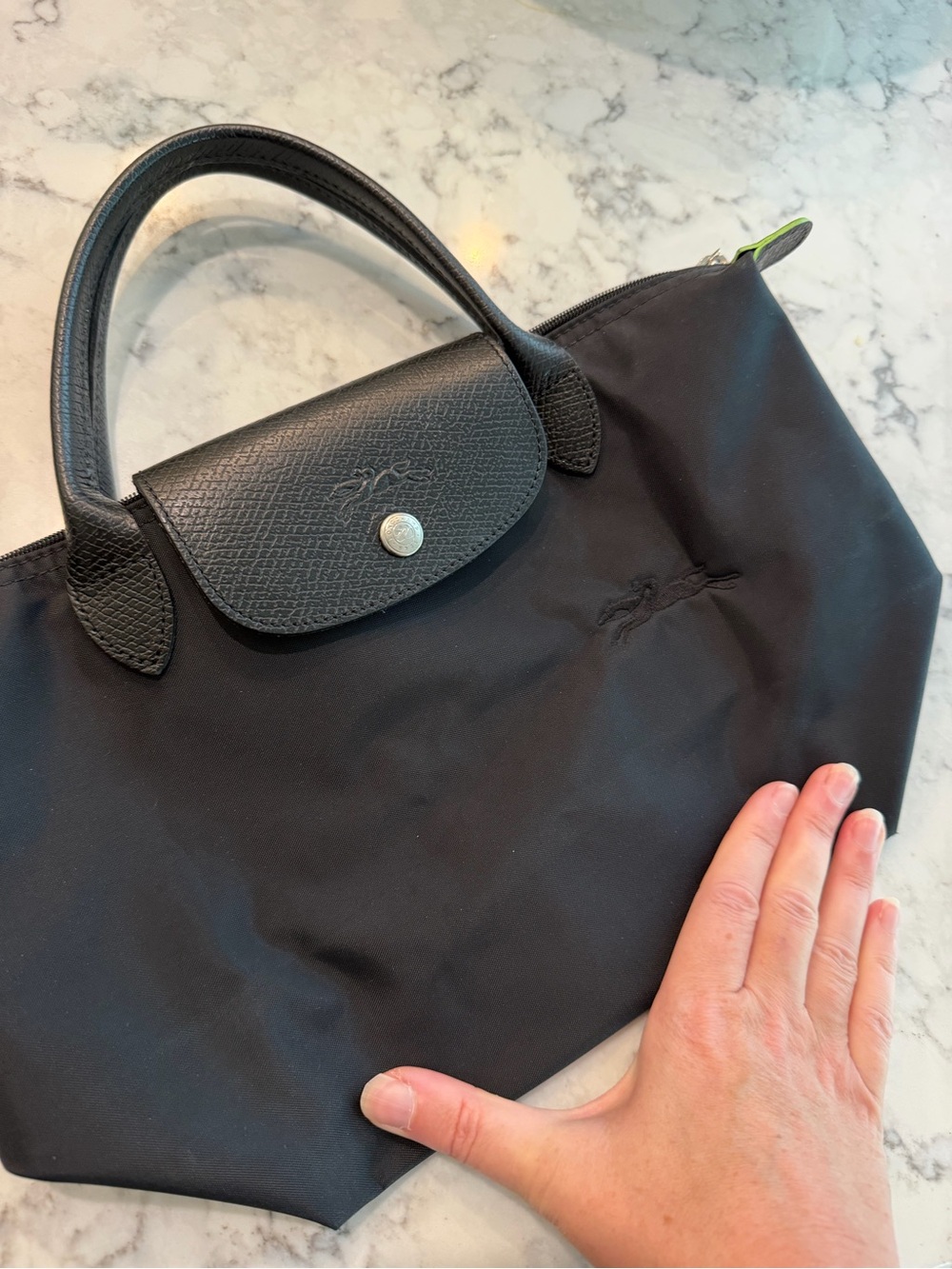 Longchamp Le Pliage Green Small Top Handle Bag in black